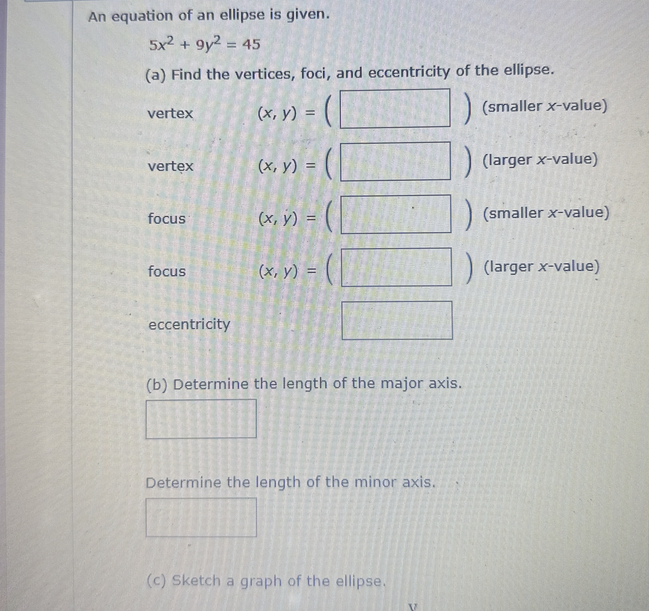Solved An equation of an ellipse is given.5x2+9y2=45(a) | Chegg.com