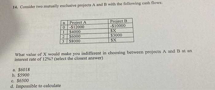 Solved 14. Consider two mutually exclusive projects A and B | Chegg.com