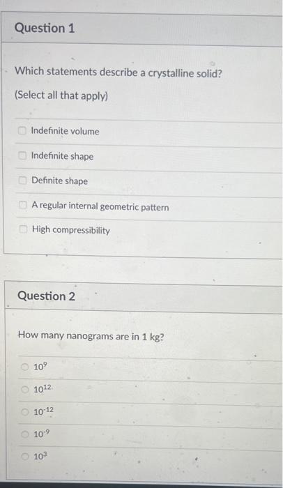 Solved Which statements describe a crystalline solid? | Chegg.com