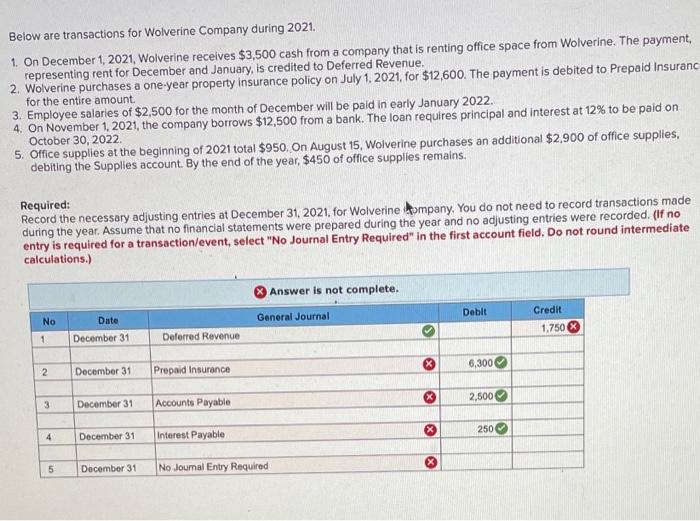 Solved Below are transactions for Wolverine Company during