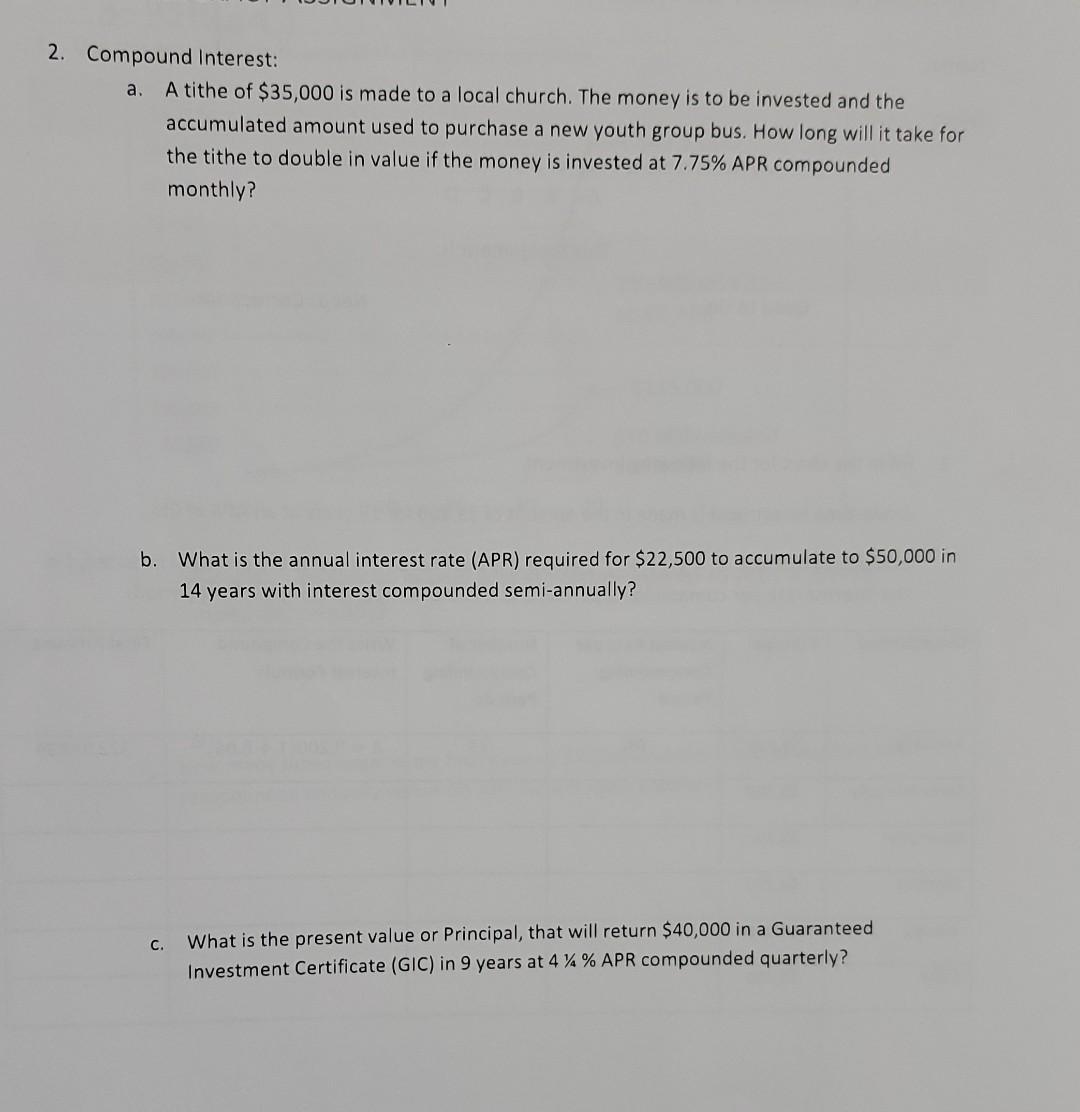 Solved 2. Compound Interest: a. A tithe of $35,000 is made | Chegg.com