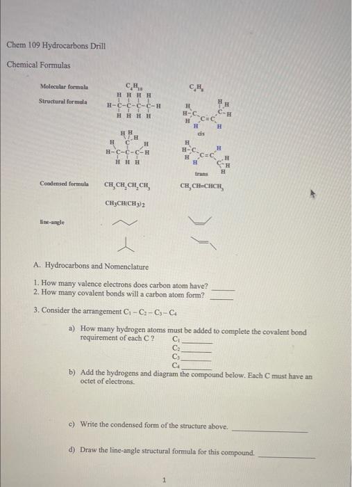 Solved Chem 109 Hydrocarbons Drill Chemical Formulas | Chegg.com