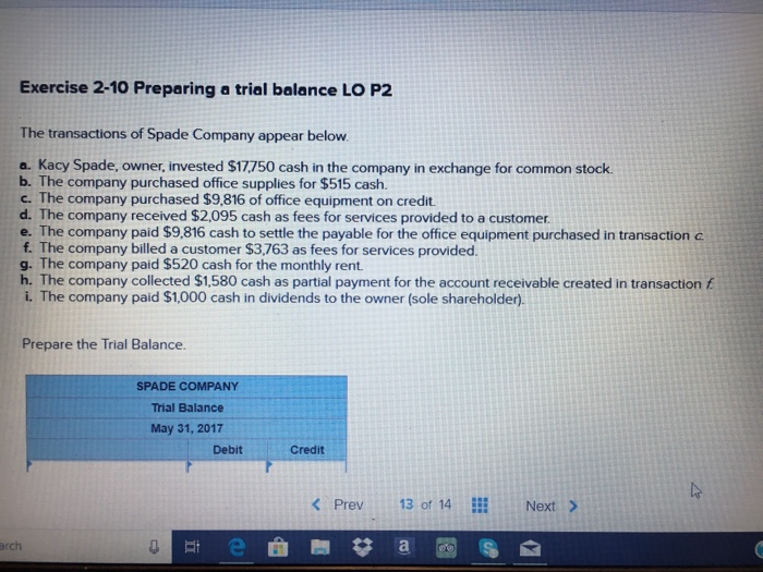 Solved Exercise 210 Preparing a trial balance LO P2 The