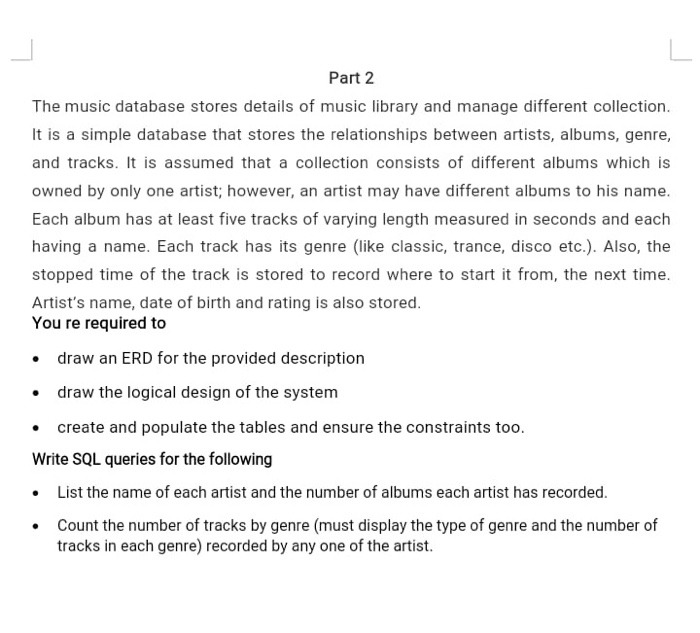 Music Database Layout Solved Part 2 The music database stores details of music | Chegg.com
