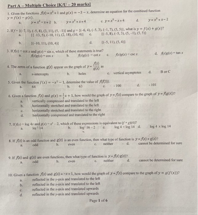 Solved Part A Multiple Choice K U Marks 1 Given Chegg Com