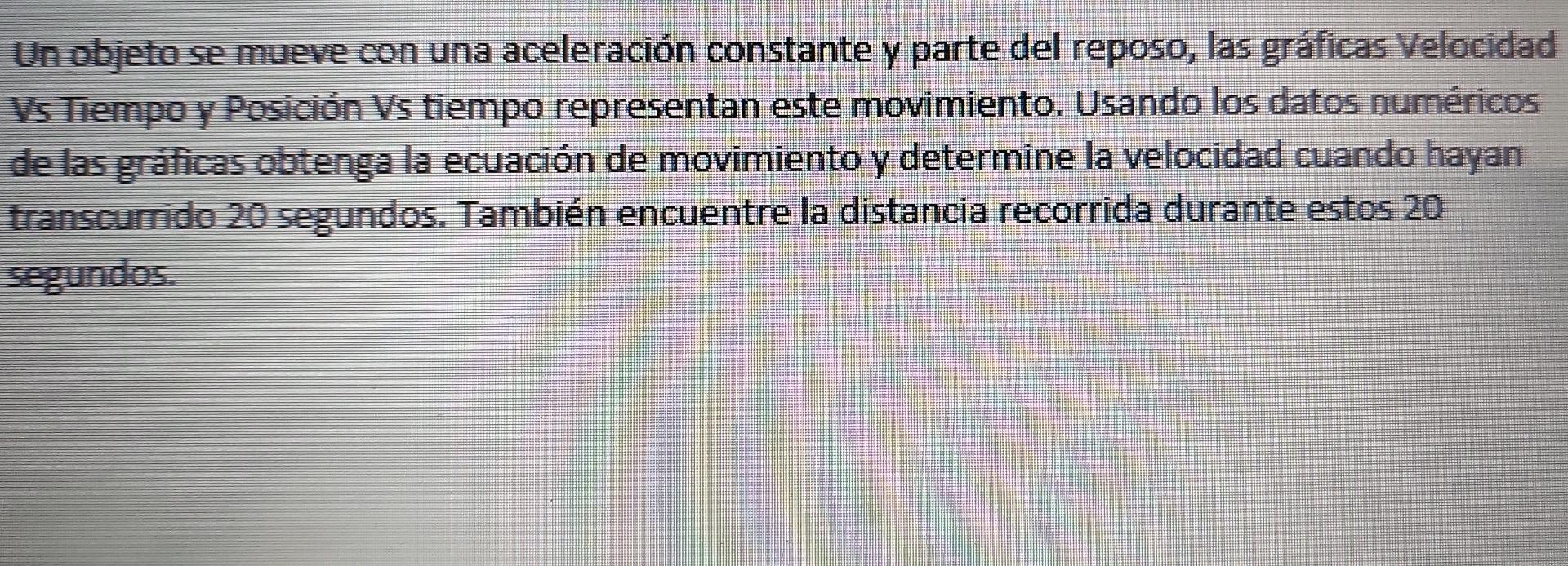 Un objeto se mueve con una aceleración constante y parte del reposo, las gráficas Velocidad Vs Tiempo y Posición Vs tiempo re