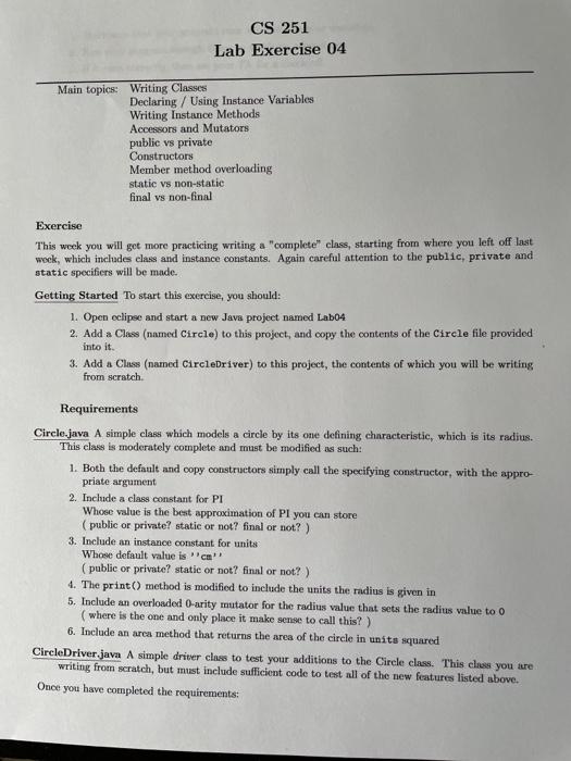Solved CS 251 Lab Exercise 04 Main topics: Writing Classes | Chegg.com