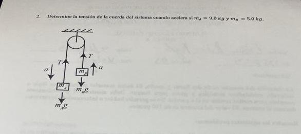 2. Determine la tensión de la cuorda del sistema cuando acelera si \( m_{\mathrm{A}}=9.0 \mathrm{~kg} \) y \( \mathrm{mb}_{\m