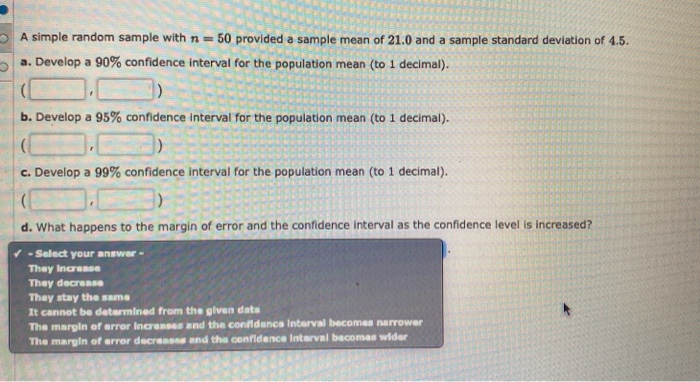 Solved A simple random sample with n = 50 provided a sample | Chegg.com