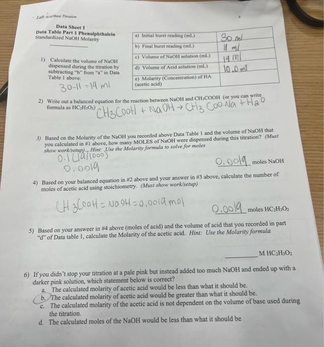 Solved 1) Calculate the volume of NaOH dispensed during the
