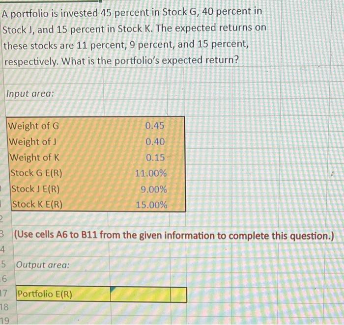 Solved A portfolio is invested 45 percent in Stock G, 40 | Chegg.com
