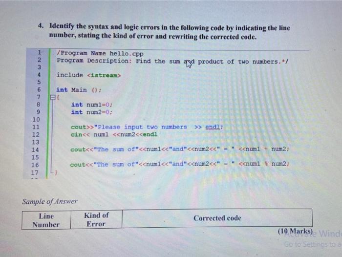 Solved 4. Identify The Syntax And Logic Errors In The | Chegg.com