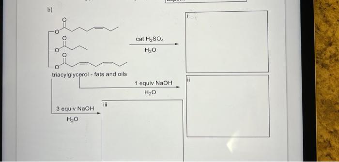 Solved b) triacylglycerol - fats and oils ii H2O3 equiv NaOH | Chegg.com