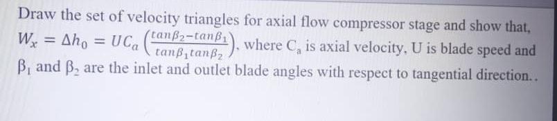 Solved Draw the set of velocity triangles for axial flow | Chegg.com