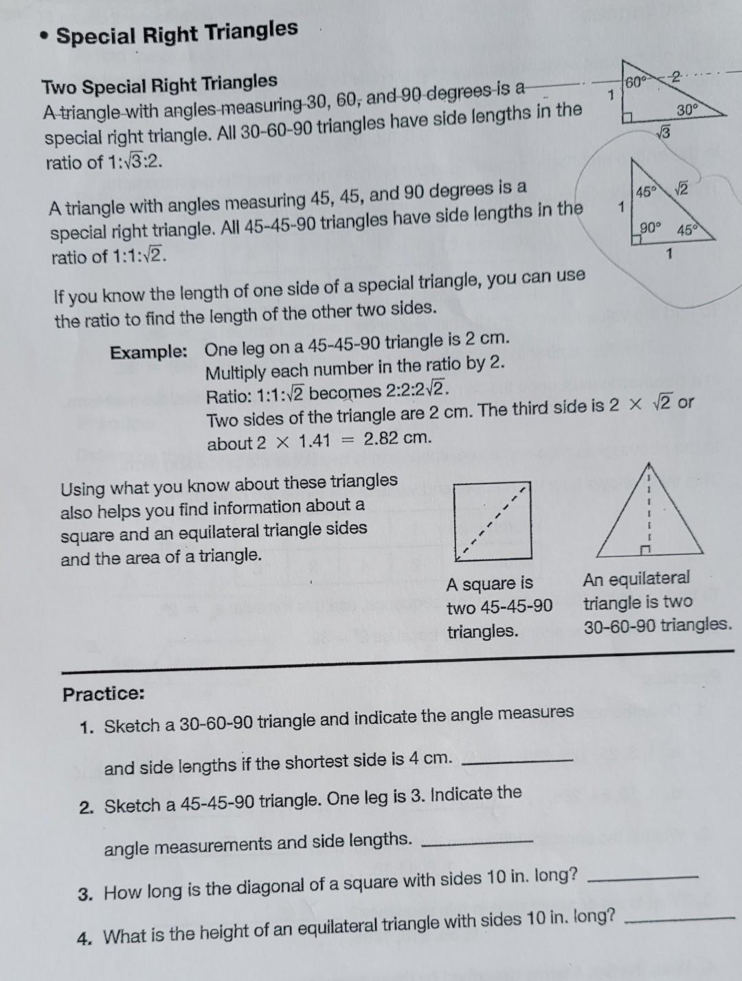 Solved Special Right Triangles 1600 2 1 1 Two Special Chegg Com