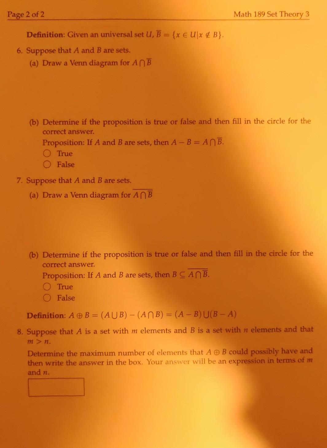 Solved Name Math 1 Set Theory 3 Definition A B X Chegg Com