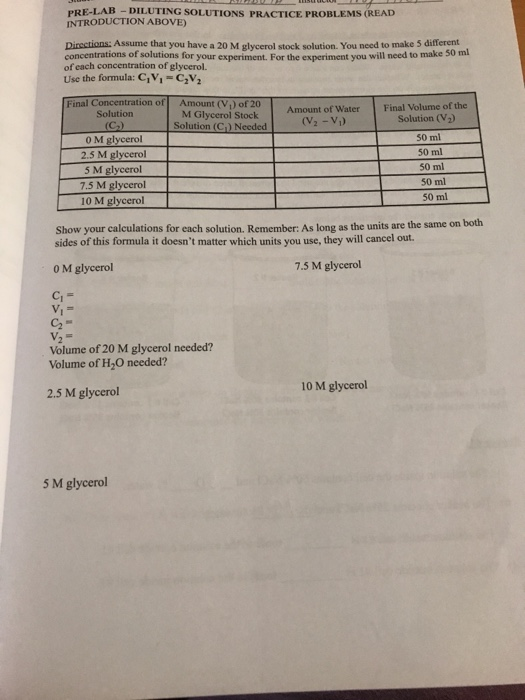 Solved PRELAB DILUTING SOLUTIONS PRACTICE PROBLEMS (READ