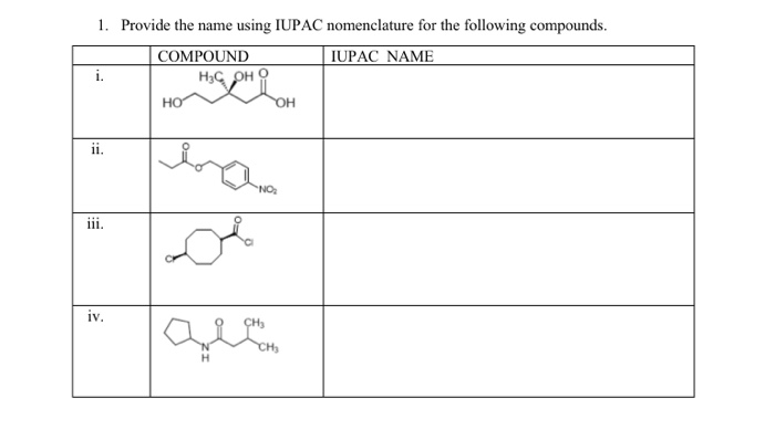 Solved 1. Provide the name using IUPAC nomenclature for the | Chegg.com