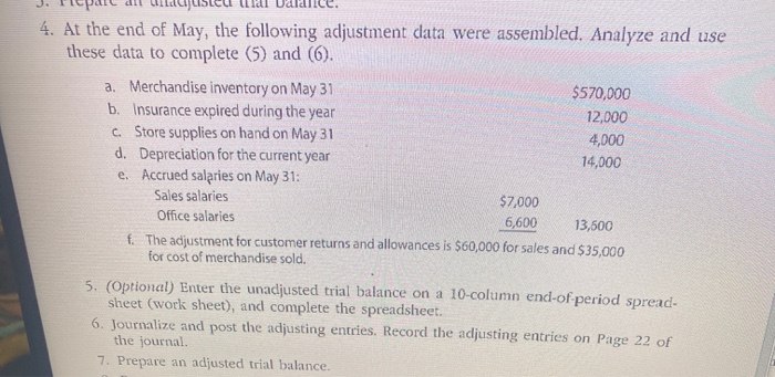 Solved 4. At The End Of May, The Following Adjustment Data | Chegg.com