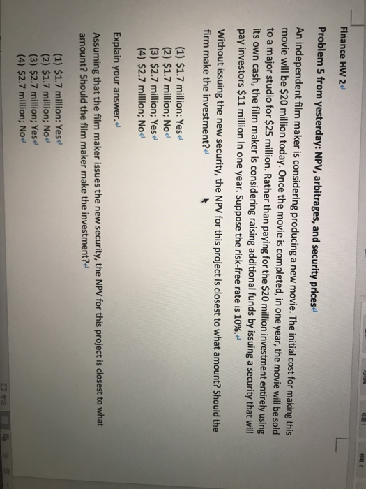 Solved Finance HW 24 Problem 5 from yesterday: NPV, | Chegg.com