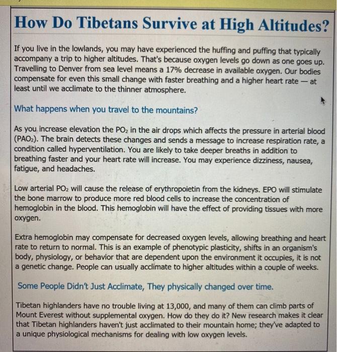 Solved How Do Tibetans Survive at High Altitudes? If you | Chegg.com