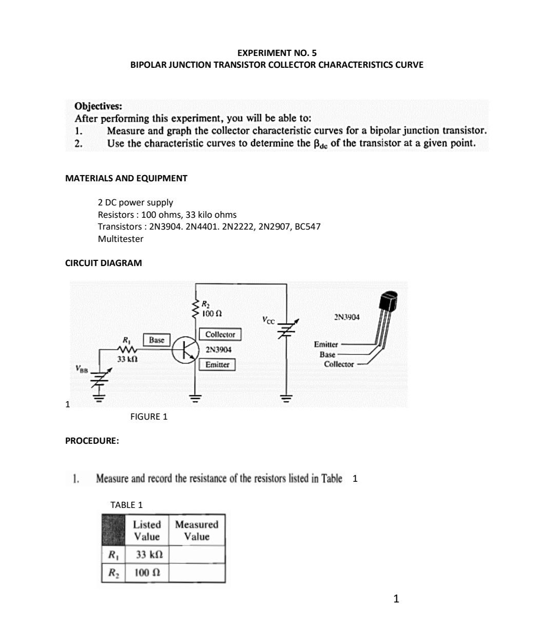 Solved EXPERIMENT NO. 5 BIPOLAR JUNCTION TRANSISTOR
