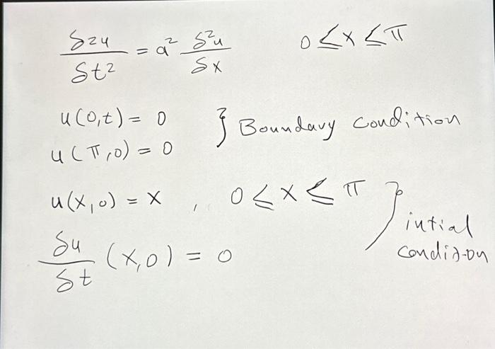 Solved δt2δzu=a2δxδ2u0⩽x⩽πu(0,t)=0u(π,0)=0u(x,0)=x,0⩽x⩽π}p | Chegg.com