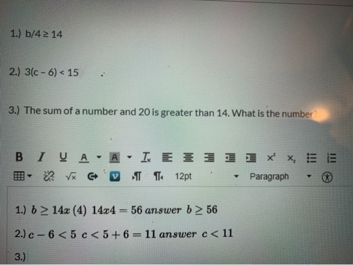 Solved 1.) b/4 2 14 2.) 3(c - 6)