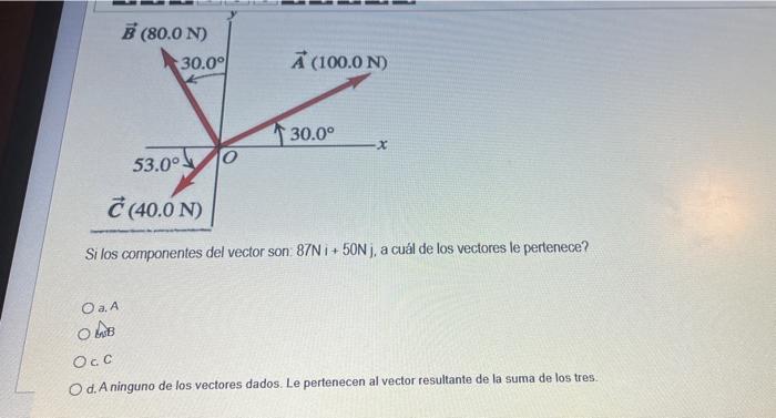 Si los componentes del vector son \( 87 \mathrm{Ni}+50 \mathrm{~N} \) j, a cuál de los vectores le pertenece? a. A c. C d. A