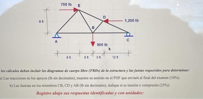 700 lb E mi D 8 t 1,200 lb B 900 lb 8 ft 5 ft 31 12 t los cálculos deben incluir los diagramas de cuerpo libre (FBDs) de la e