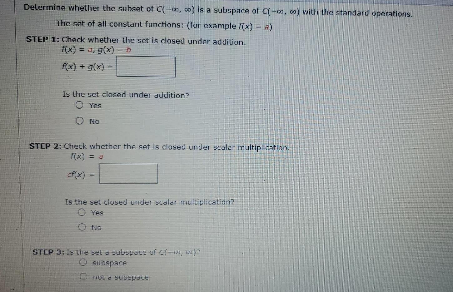 Solved Determine Whether The Subset Of C O Is A Subspace 5502