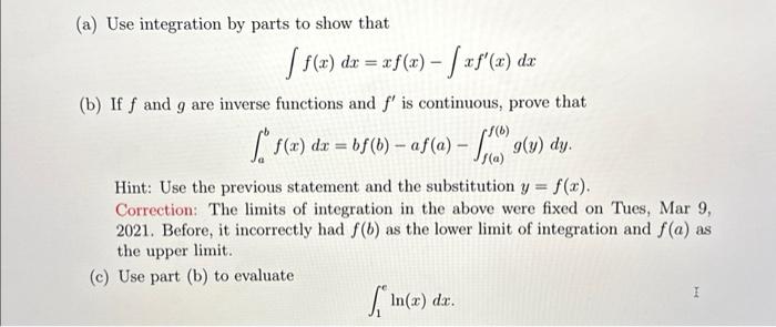 Solved (a) Use integration by parts to show that | Chegg.com
