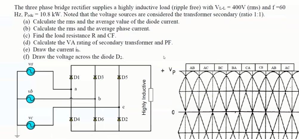 Solved The three phase bridge rectifier supplies a highly | Chegg.com
