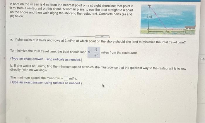 Solved A boat on the ocean is 4 mi from the nearest point on | Chegg.com