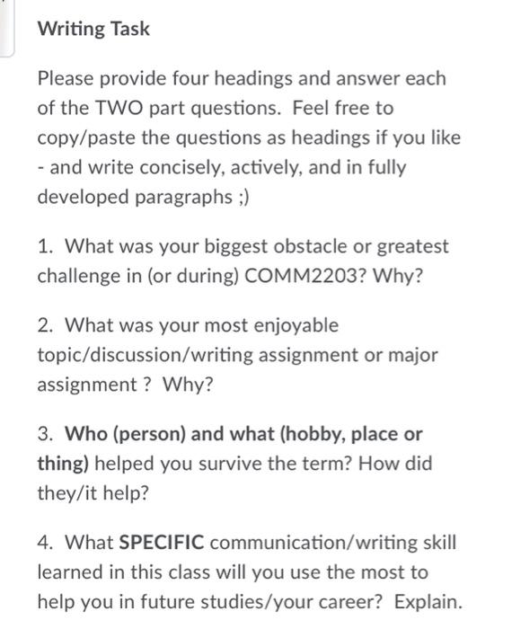 Solved Writing Task Please provide four headings and answer | Chegg.com