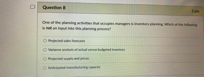 Solved Question 8 2 pts One of the planning activities that | Chegg.com