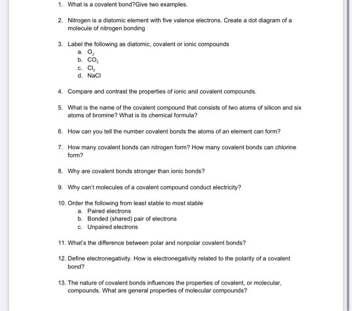 Solved 1. What is a covalent bond? Give two examples. 2. | Chegg.com