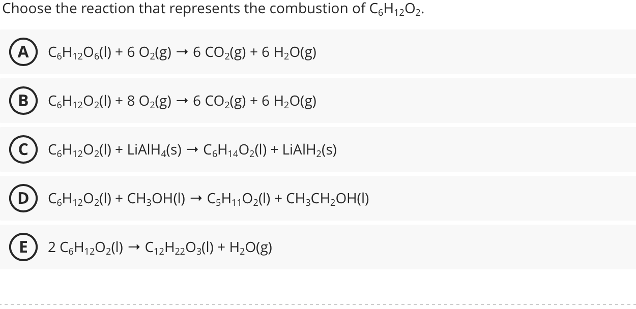 Solved Choose the reaction that represents the combustion | Chegg.com