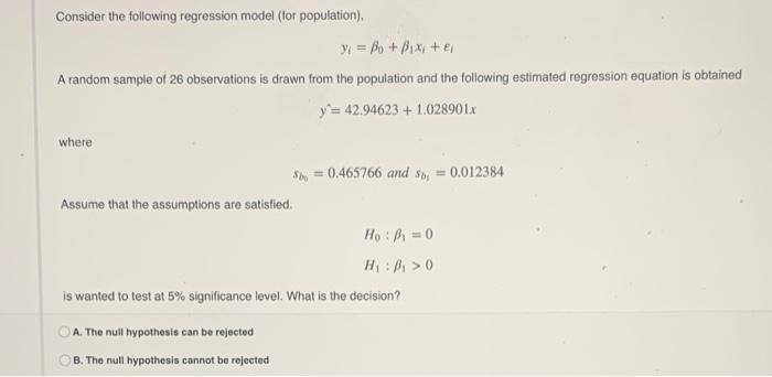 Solved Consider The Following Regression Model (for | Chegg.com