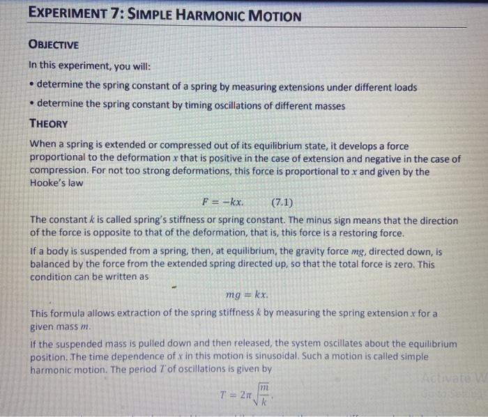 Solved EXPERIMENT 7: SIMPLE HARMONIC MOTION OBJECTIVE In | Chegg.com