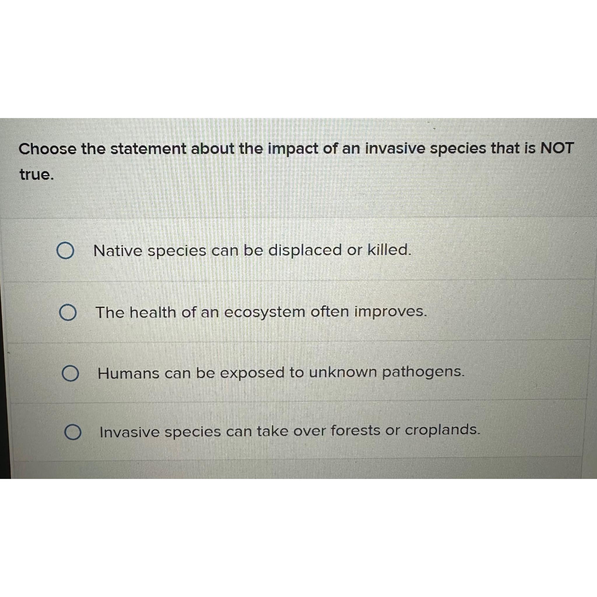 Solved Choose the statement about the impact of an invasive | Chegg.com