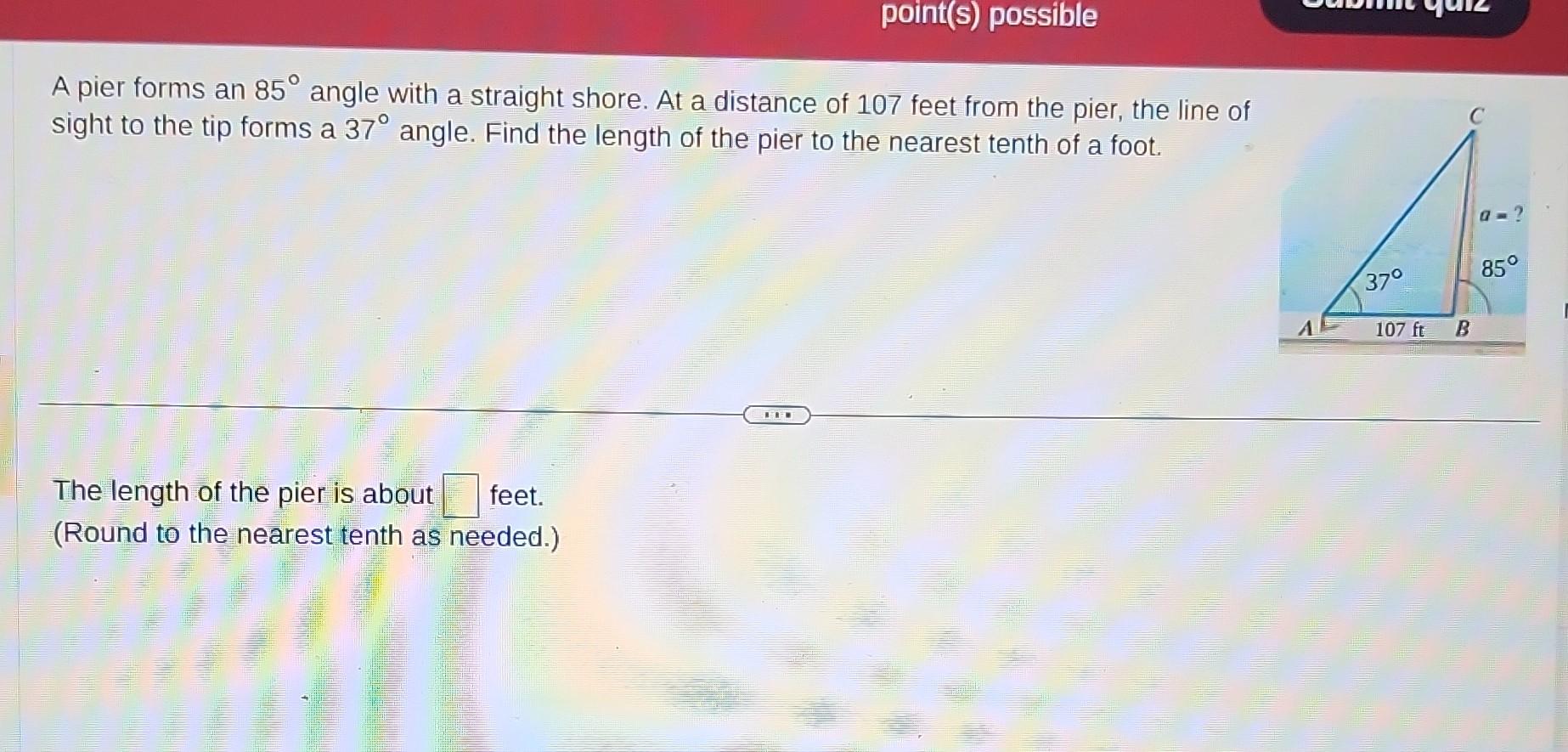 Solved A pier forms an 85° angle with a straight shore. At a | Chegg.com