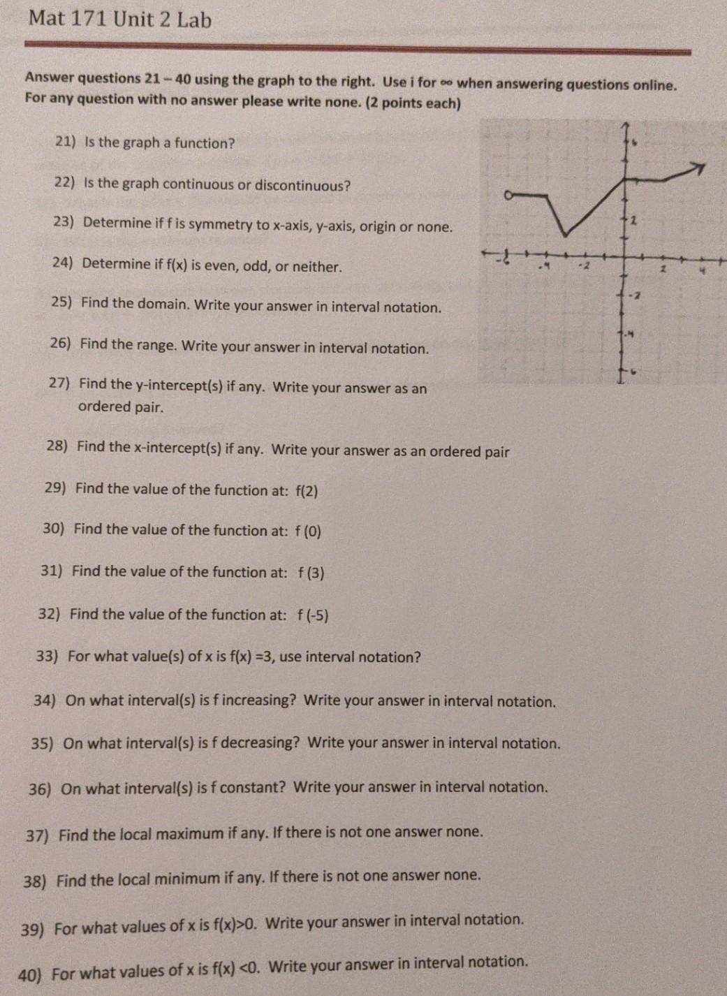 Solved Mat 171 Unit 2 Lab Please print and complete this | Chegg.com