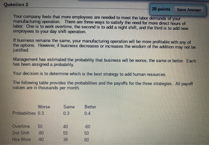 Solved Question 2 20 points Save Answer Your company feels | Chegg.com