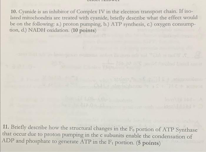 Solved 10. Cyanide is an inhibitor of Complex IV in the | Chegg.com