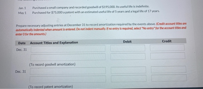 Goodwill Is Recorded Only At Time Of Purchase Solved Jan. 1 May 1 Purchased a small company and recorded | Chegg.com