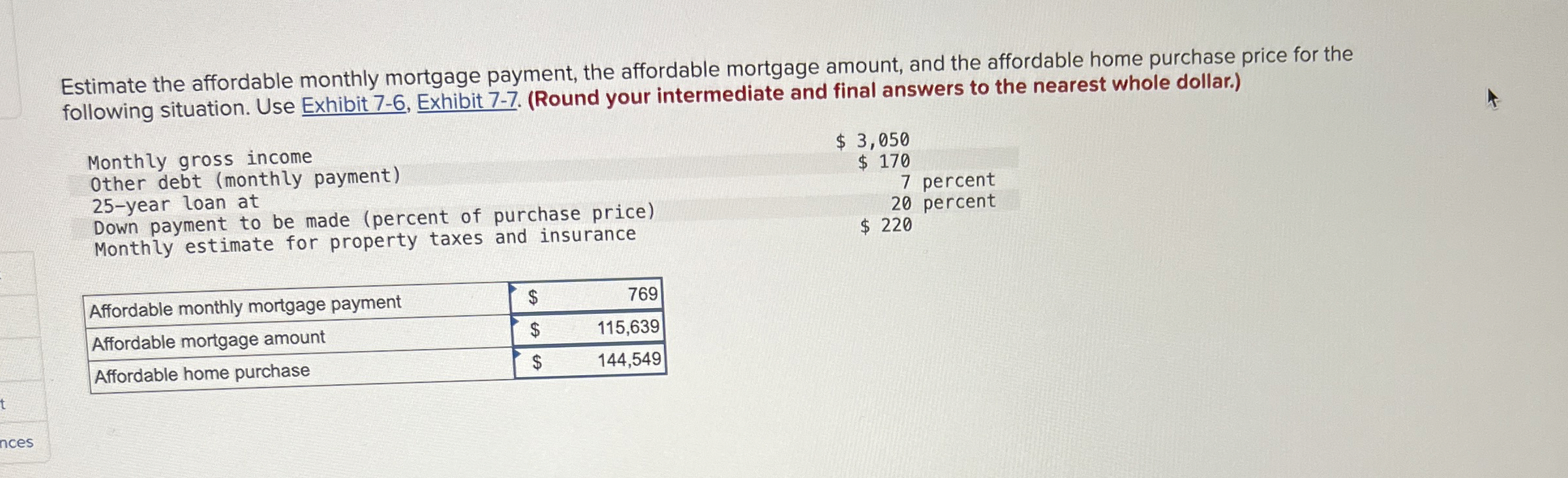 Solved estimate the affordable monthly mortgage payment the chegg
