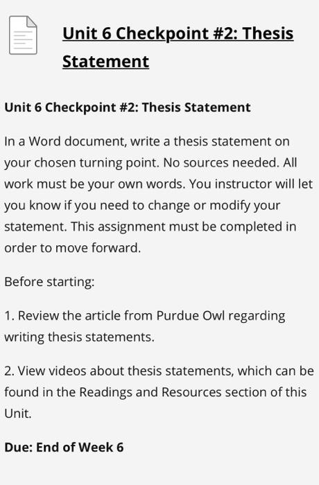 Unit 6 Checkpoint #2: Thesis Statement Unit 6 | Chegg.com