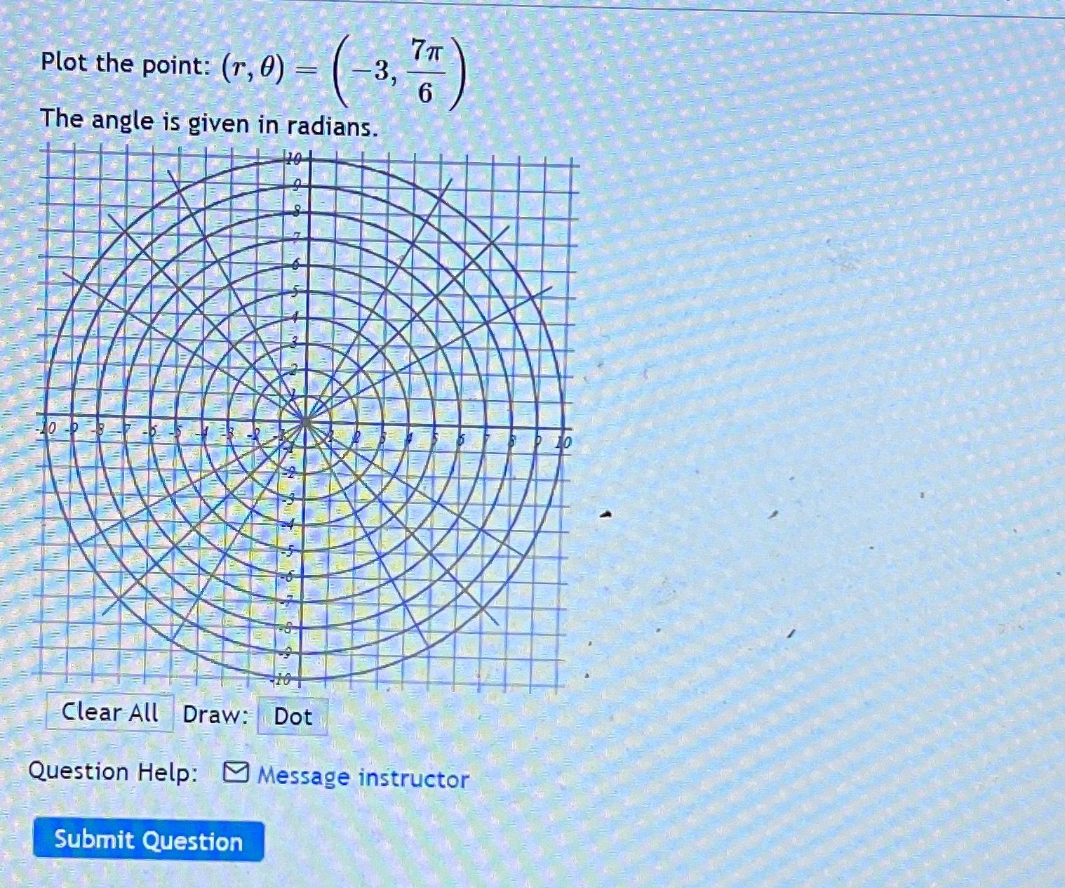 Solved Plot the point: (r,θ)=(-3,7π6)The angle is given in | Chegg.com