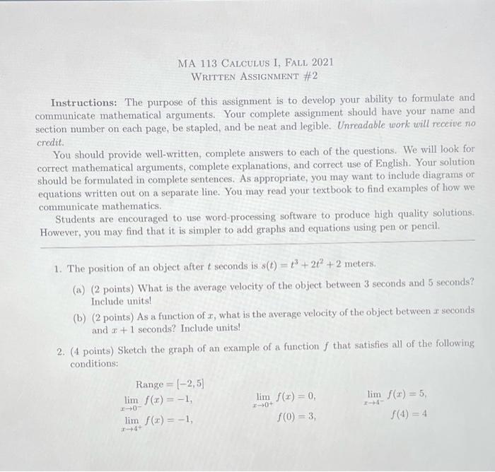 Solved MA 113 CALCULUS I, FALL 2020 WRITTEN ASSIGNMINT #9